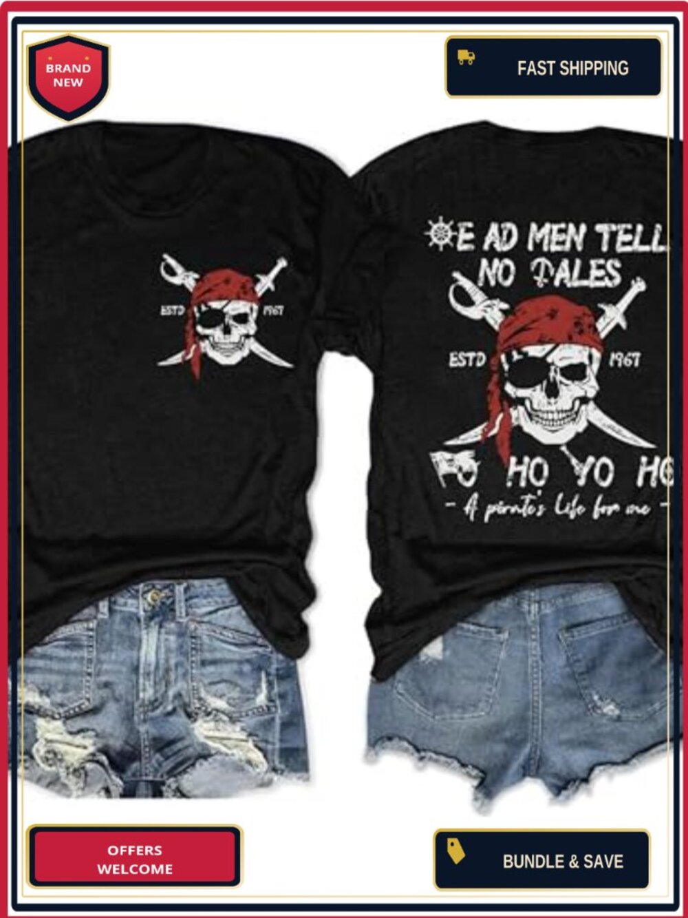 Funny Pirate Graphic Tee Womens Skull Print Crew Neck Short Sleeve Top